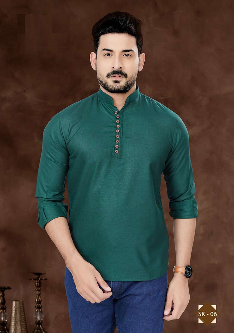 Green Embroidered Poly Blend Short Kurta For Men - Indya