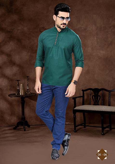 Green Embroidered Poly Blend Short Kurta For Men