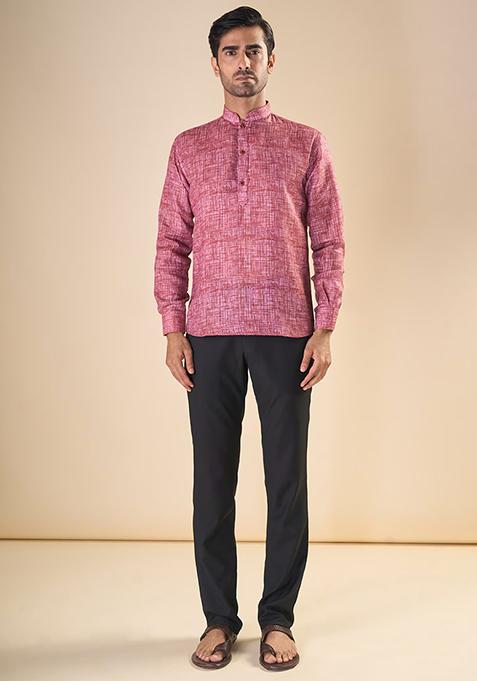 Pink Embroidered Linen Short Kurta For Men