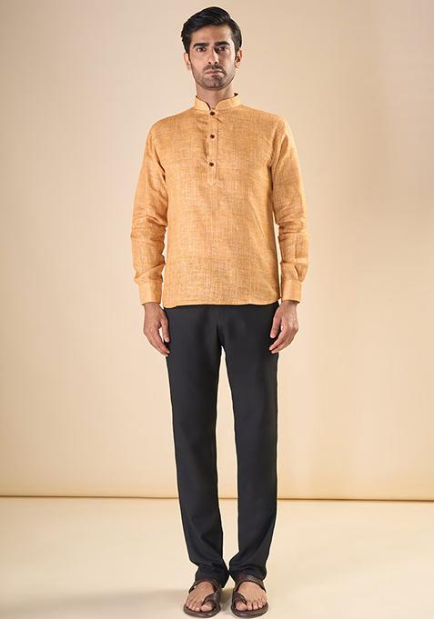 Yellow Embroidered Linen Short Kurta For Men