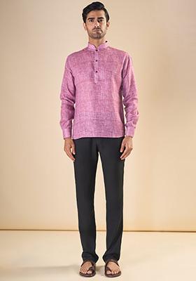 Pink Embroidered Linen Short Kurta For Men