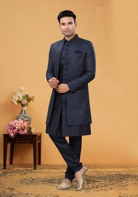 Navy Blue Embroidered Poly Blend Indo Western Jacket And Kurta Set For Men