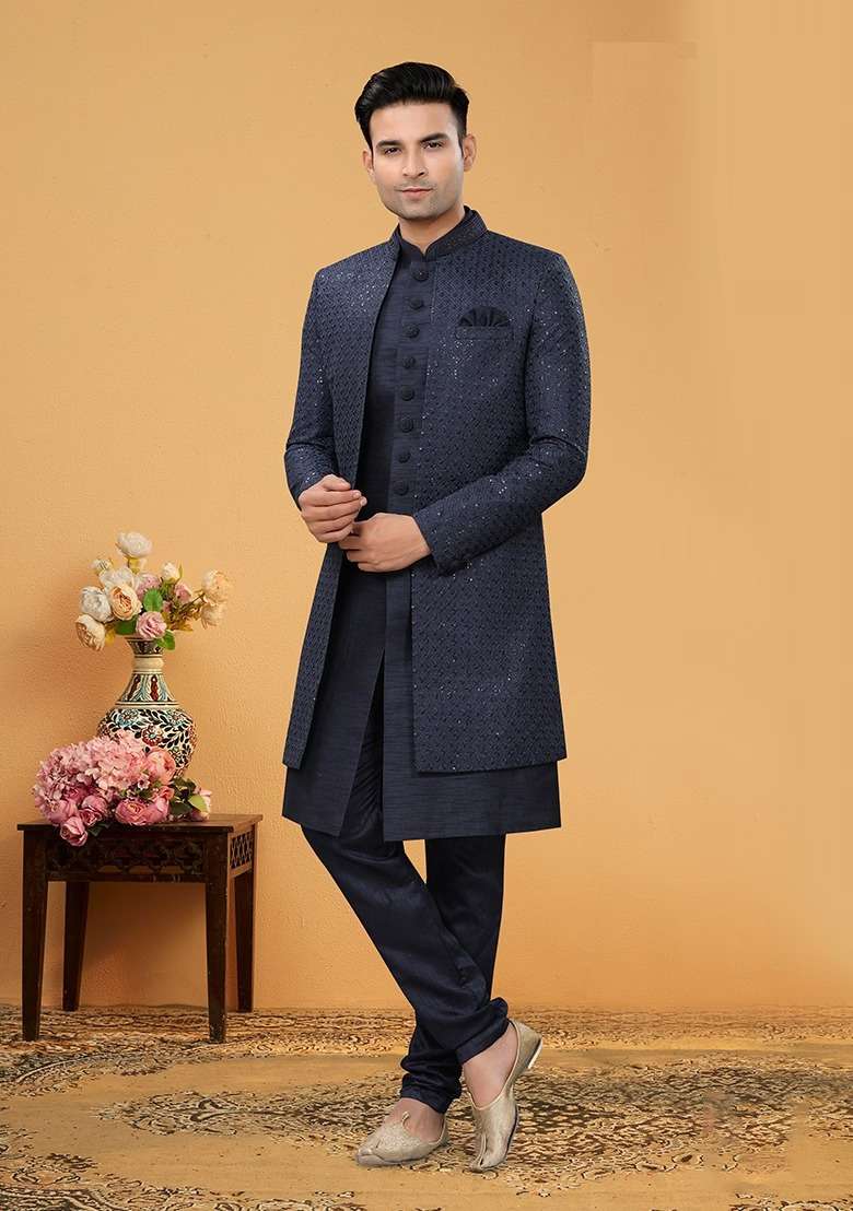 Navy Blue Embroidered Poly Blend Indo Western Jacket And Kurta Set For Men - Indya