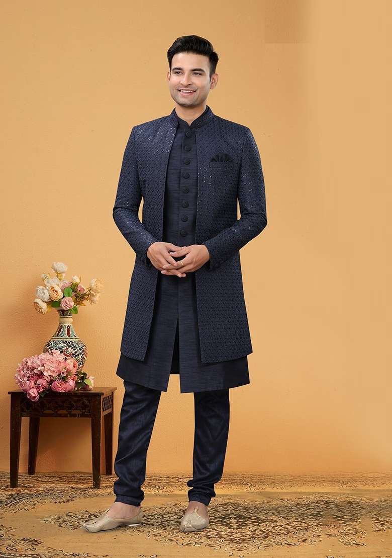 Navy Blue Embroidered Poly Blend Indo Western Jacket And Kurta Set For Men - Indya