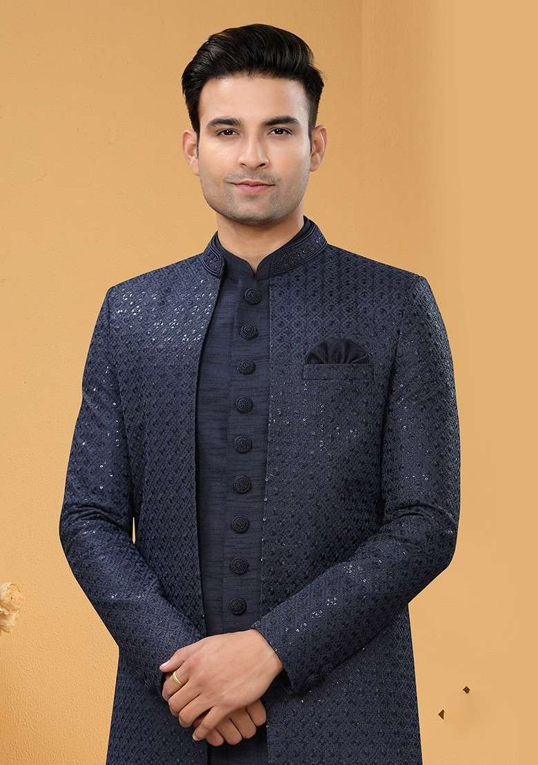 Navy Blue Embroidered Poly Blend Indo Western Jacket And Kurta Set For Men - Indya