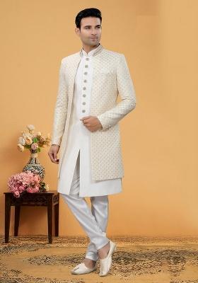 Cream Embroidered Poly Blend Indo Western Jacket And Kurta Set For Men