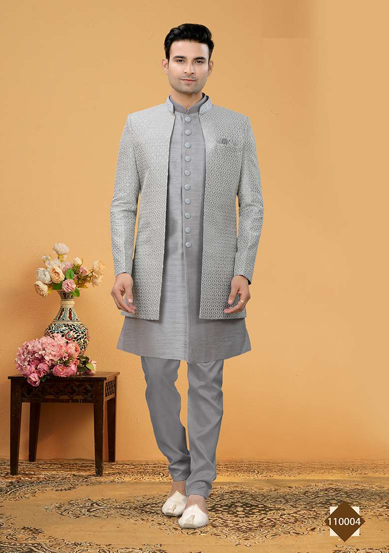 Grey Embroidered Poly Blend Indo Western Jacket And Kurta Set For Men - Indya