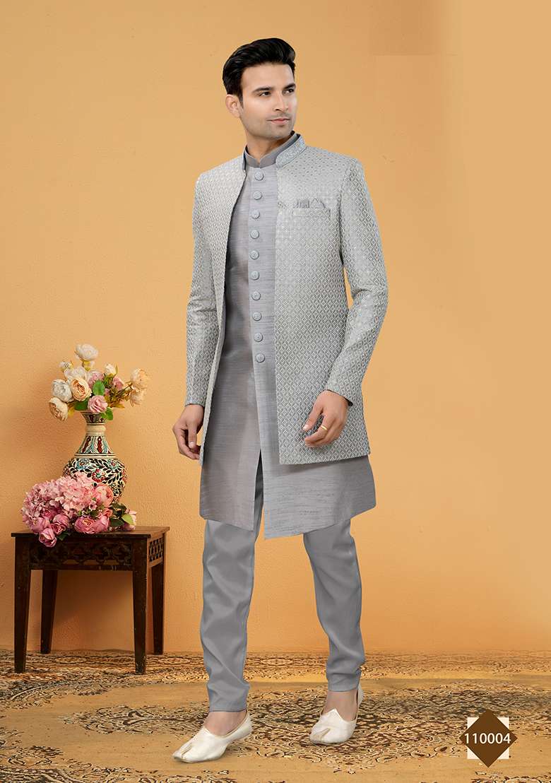 Grey Embroidered Poly Blend Indo Western Jacket And Kurta Set For Men - Indya