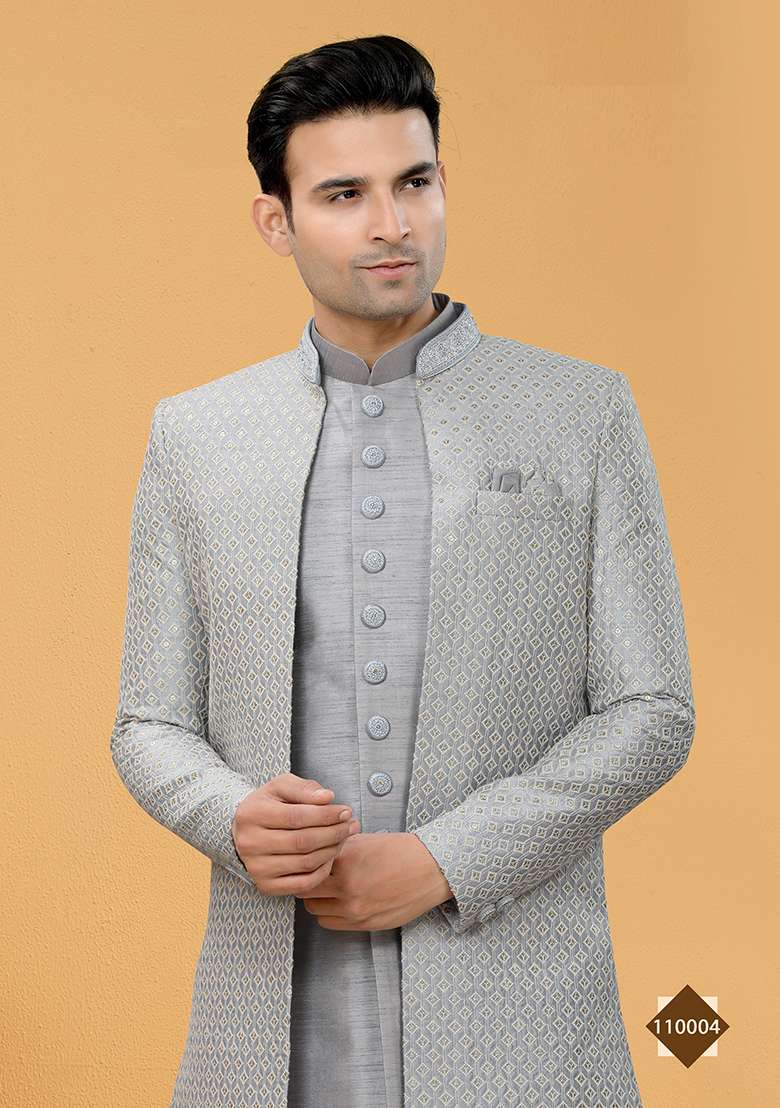 Grey Embroidered Poly Blend Indo Western Jacket And Kurta Set For Men - Indya