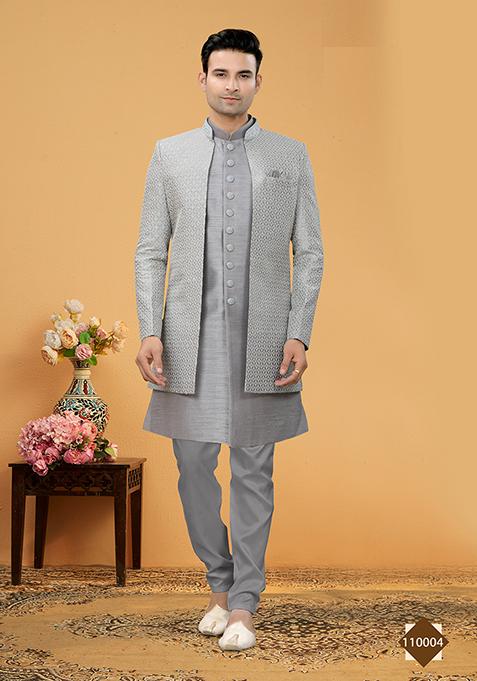 Grey Embroidered Poly Blend Indo Western Jacket And Kurta Set For Men
