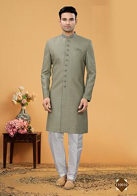 Pista Green Embroidered Poly Blend Indo Western Jacket And Kurta Set For Men