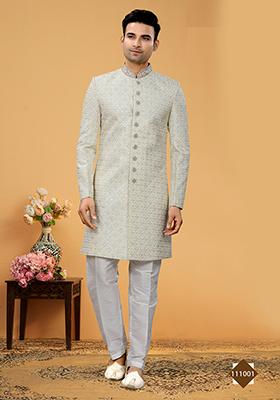 Cream Embroidered Poly Blend Indo Western Jacket And Kurta Set For Men