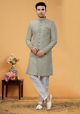 Pista Green Embroidered Poly Blend Indo Western Jacket And Kurta Set For Men