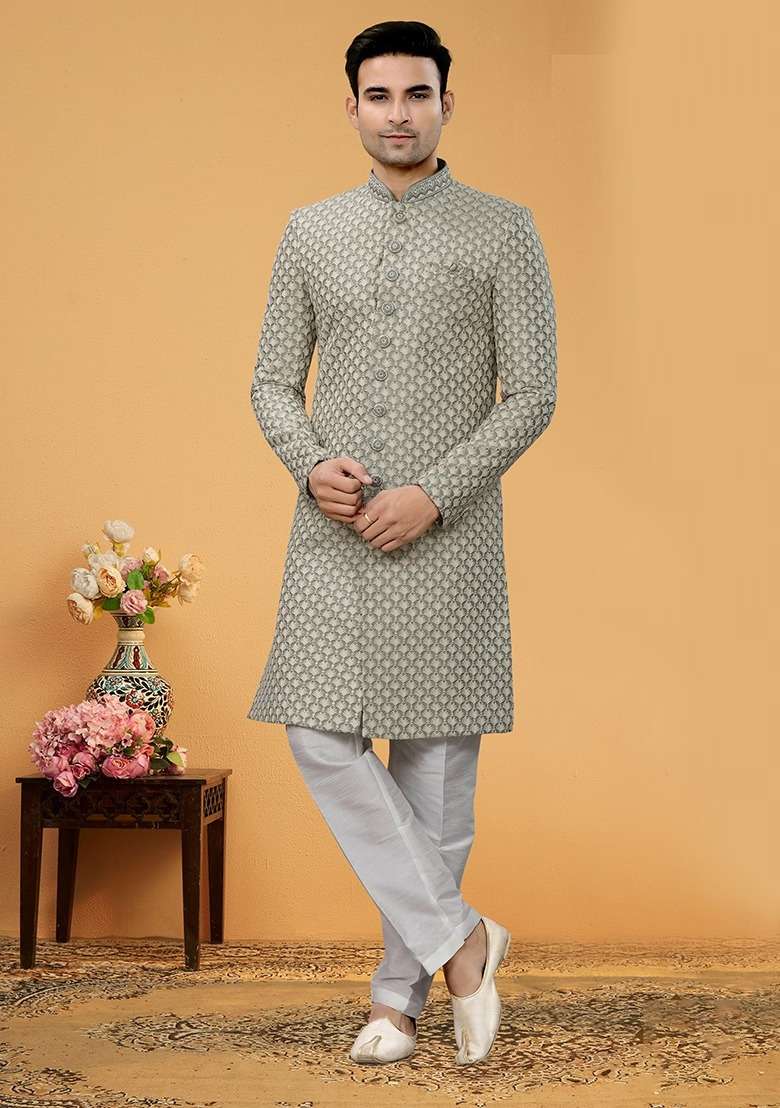 Pista Green Embroidered Poly Blend Indo Western Jacket And Kurta Set For Men - Indya