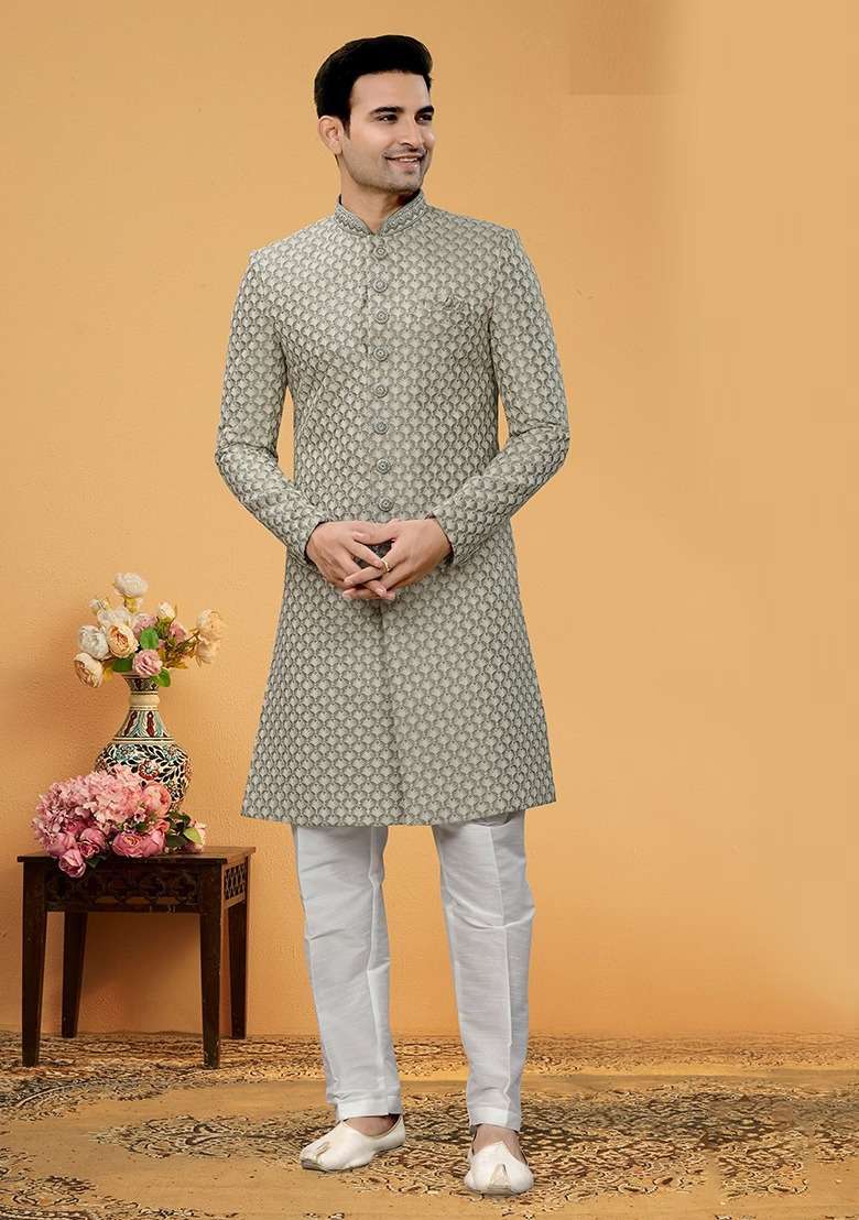 Pista Green Embroidered Poly Blend Indo Western Jacket And Kurta Set For Men - Indya