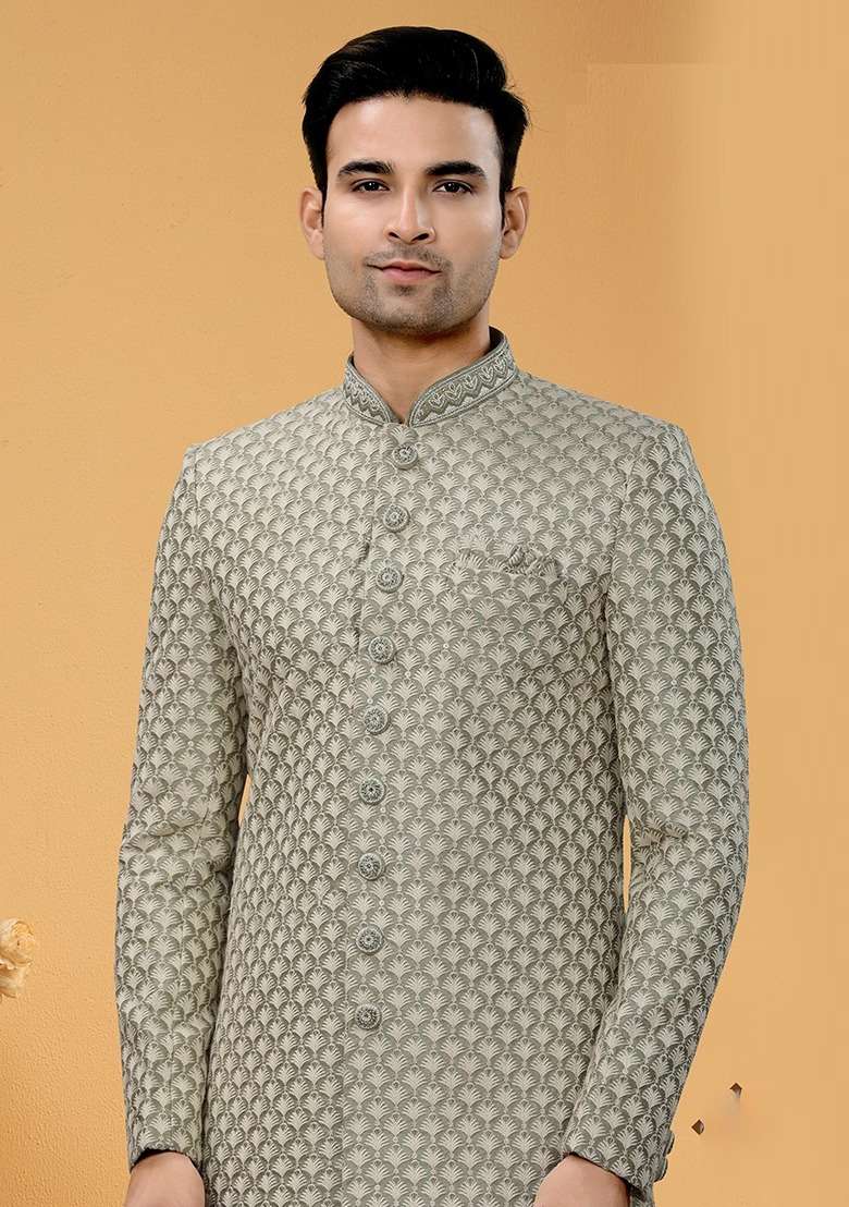Pista Green Embroidered Poly Blend Indo Western Jacket And Kurta Set For Men - Indya