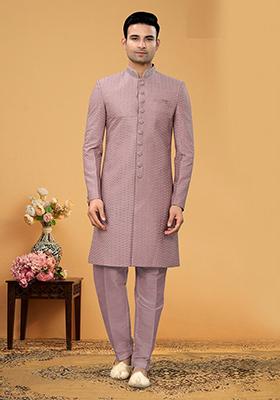 Light Pink Embroidered Poly Blend Indo Western Jacket And Kurta Set For Men