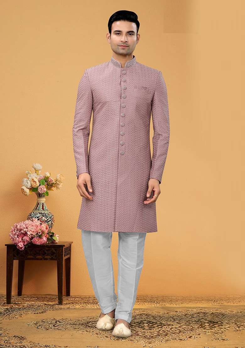 Light Pink Embroidered Poly Blend Indo Western Jacket And Kurta Set For Men - Indya