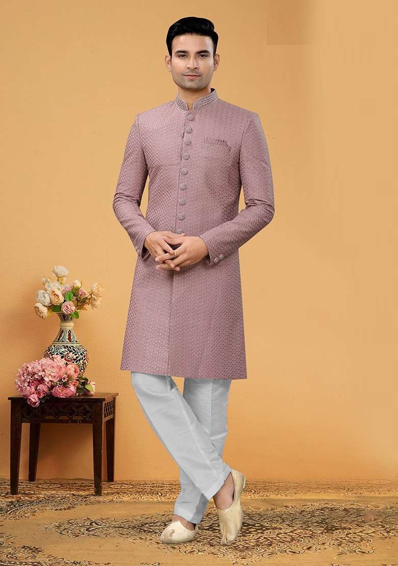 Light Pink Embroidered Poly Blend Indo Western Jacket And Kurta Set For Men - Indya