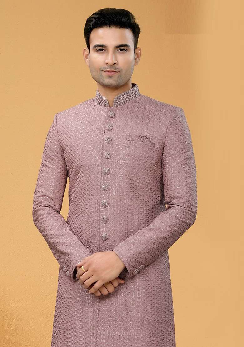 Light Pink Embroidered Poly Blend Indo Western Jacket And Kurta Set For Men - Indya