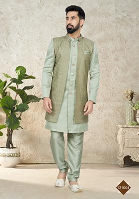 Light Green Embroidered Poly Blend Indo Western Jacket And Kurta Set For Men