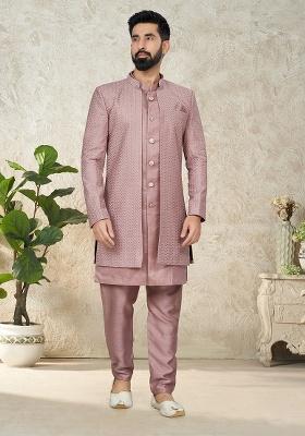 Light Pink Embroidered Poly Blend Indo Western Jacket And Kurta Set For Men
