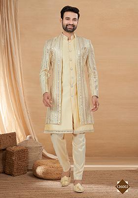 Cream Embroidered Poly Blend Indo Western Jacket And Kurta Set For Men