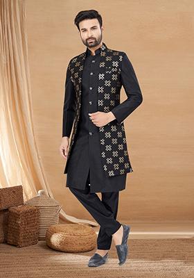 Black Embroidered Poly Blend Indo Western Jacket And Kurta Set For Men