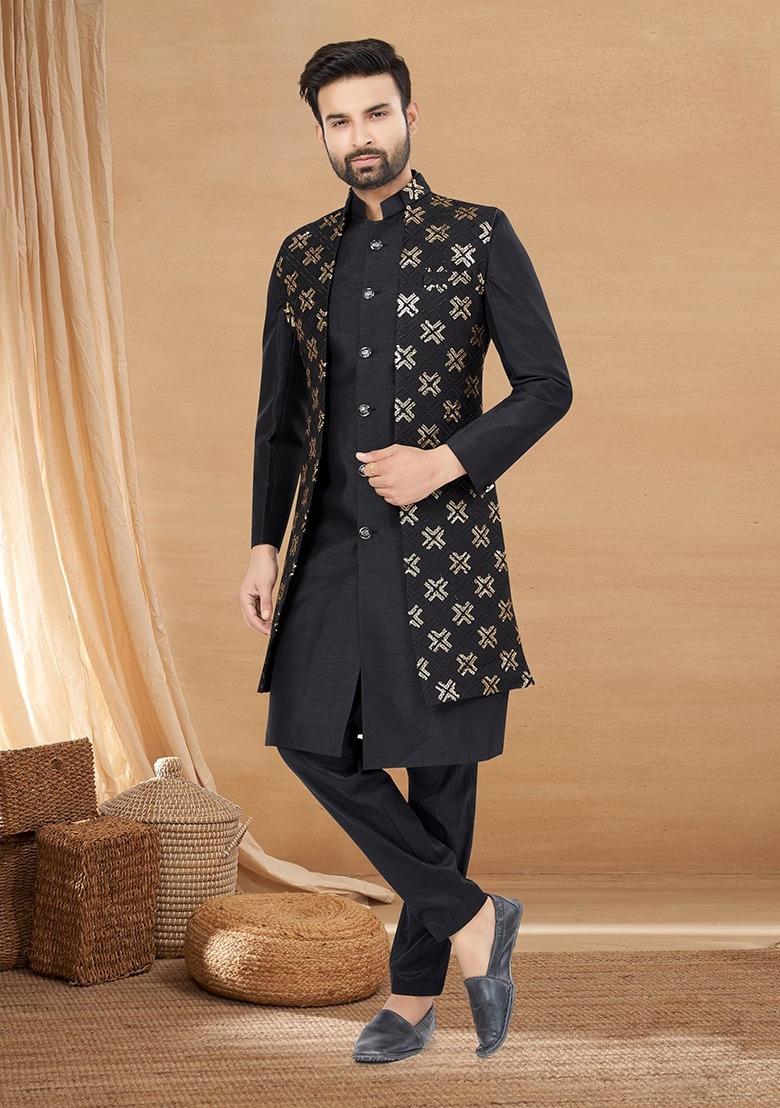 Black Embroidered Poly Blend Indo Western Jacket And Kurta Set For Men - Indya