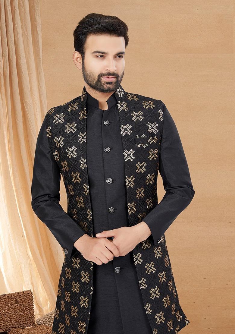 Black Embroidered Poly Blend Indo Western Jacket And Kurta Set For Men - Indya