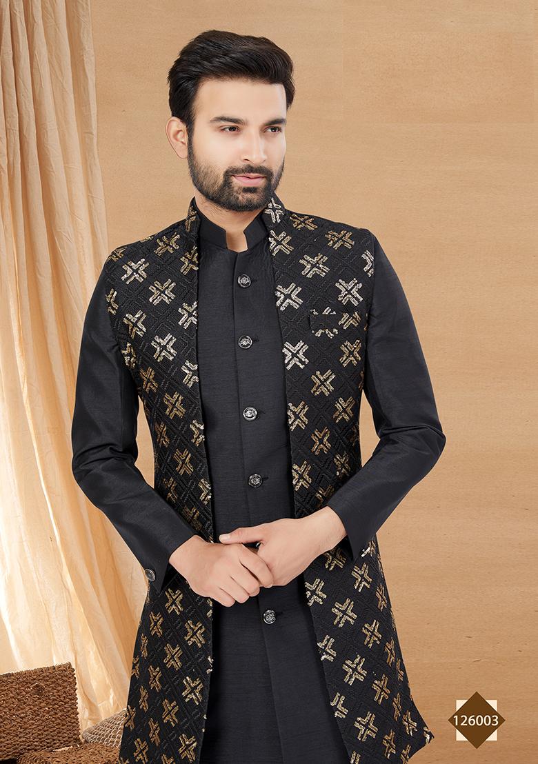 Black Embroidered Poly Blend Indo Western Jacket And Kurta Set For Men - Indya