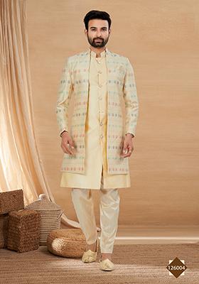 Cream Embroidered Poly Blend Indo Western Jacket And Kurta Set For Men