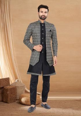 Black Embroidered Poly Blend Indo Western Jacket And Kurta Set For Men