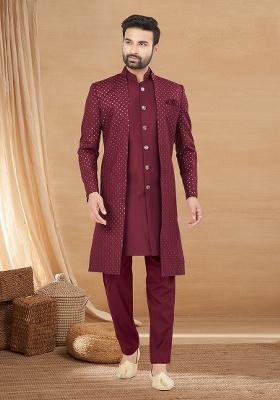 Maroon Embroidered Poly Blend Indo Western Jacket And Kurta Set For Men