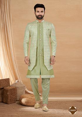Light Green Embroidered Poly Blend Indo Western Jacket And Kurta Set For Men