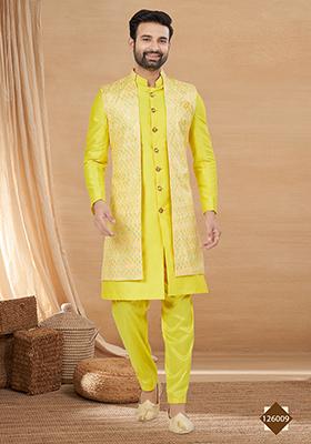 Yellow Embroidered Poly Blend Indo Western Jacket And Kurta Set For Men