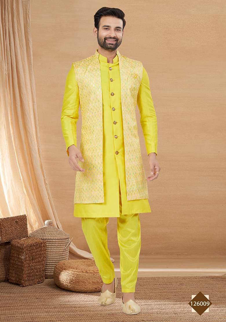 Yellow Embroidered Poly Blend Indo Western Jacket And Kurta Set For Men - Indya