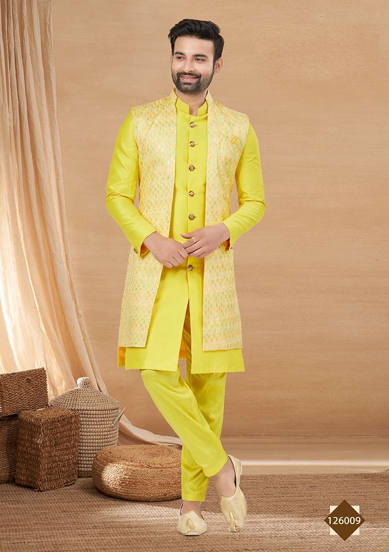 Yellow Embroidered Poly Blend Indo Western Jacket And Kurta Set For Men - Indya