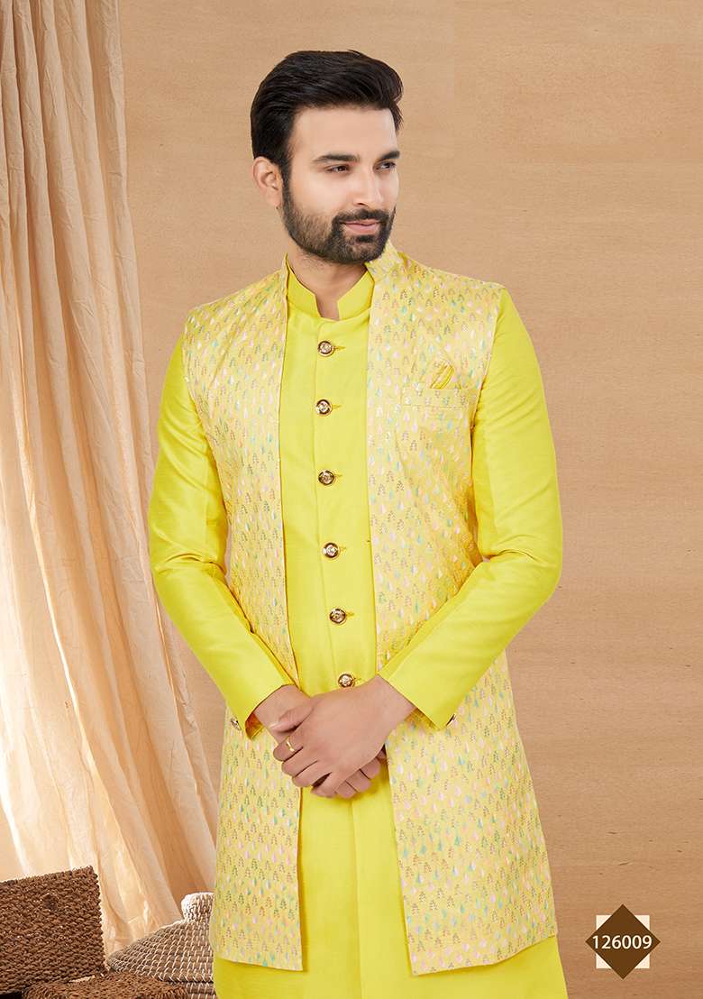 Yellow Embroidered Poly Blend Indo Western Jacket And Kurta Set For Men - Indya