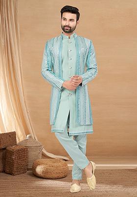 Sky Blue Embroidered Poly Blend Indo Western Jacket And Kurta Set For Men