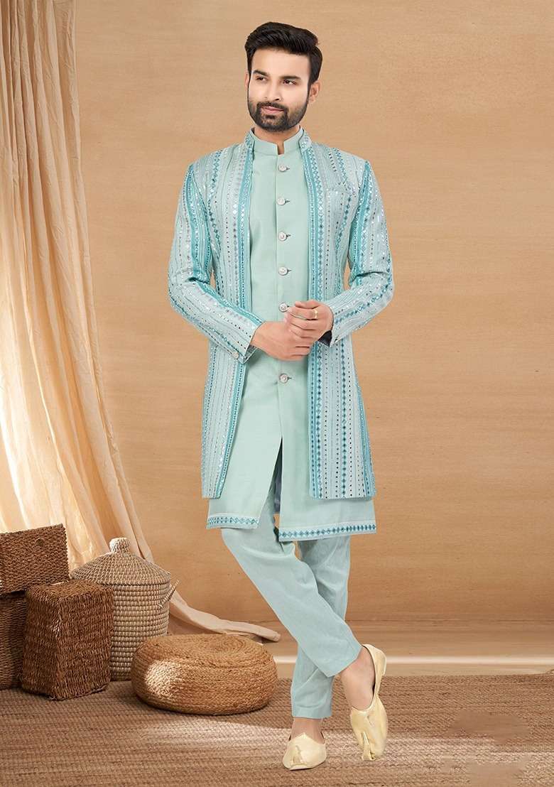 Sky Blue Embroidered Poly Blend Indo Western Jacket And Kurta Set For Men - Indya