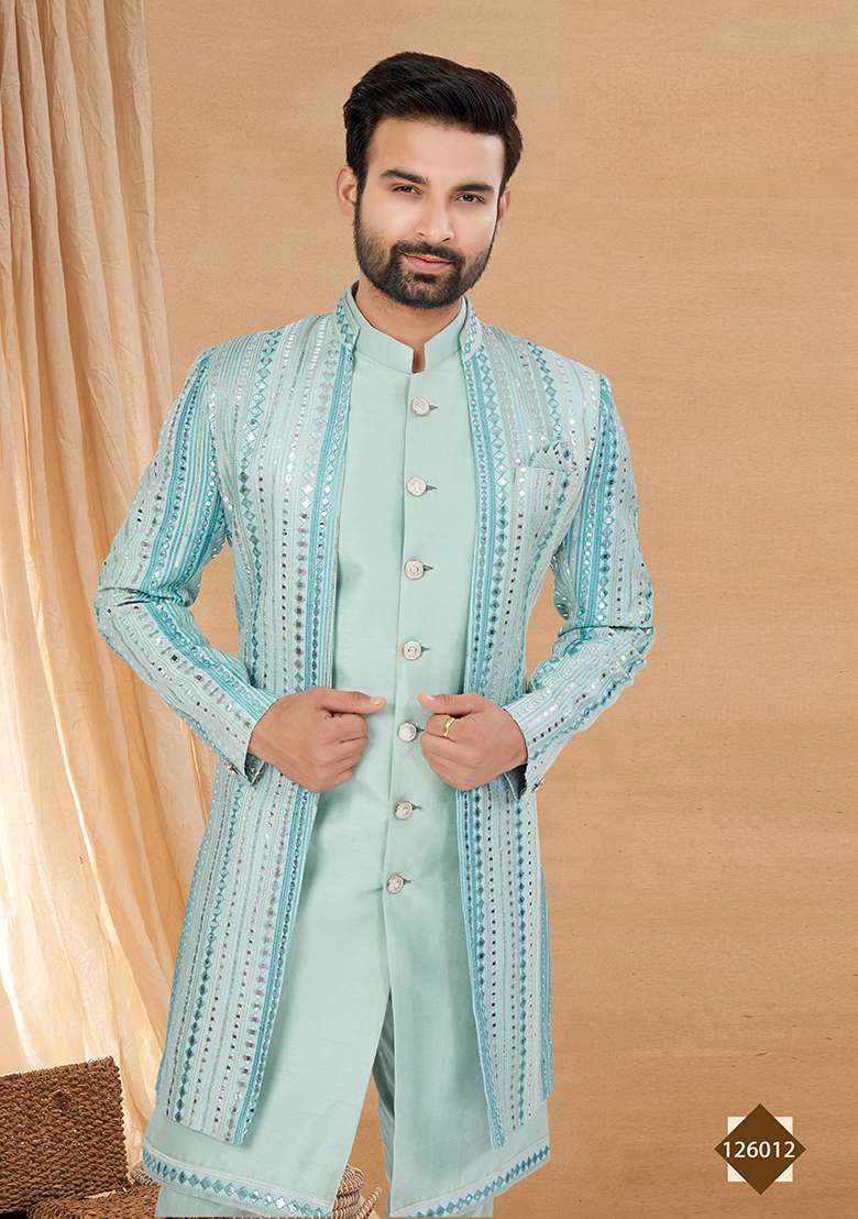 Sky Blue Embroidered Poly Blend Indo Western Jacket And Kurta Set For Men - Indya