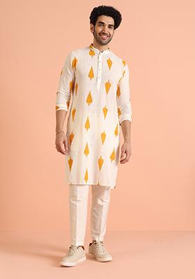Fawn Yellow Embroidered Art Silk Kurta Set For Men