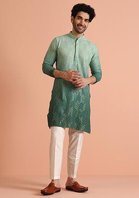 Powder Pink Embroidered Art Silk Kurta Set For Men