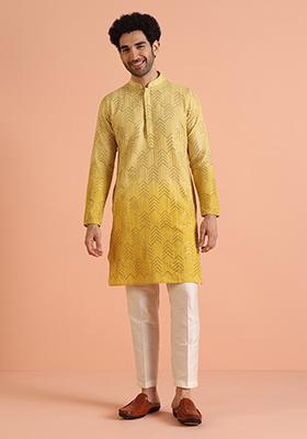 Pista Green Embroidered Art Silk Kurta Set For Men