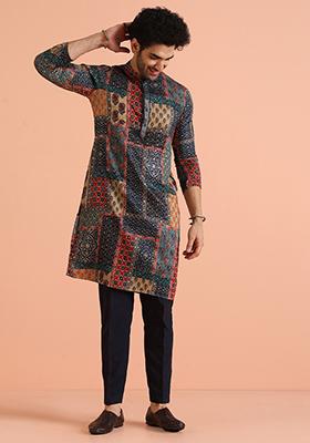 Wine Embroidered Art Silk Kurta Set For Men