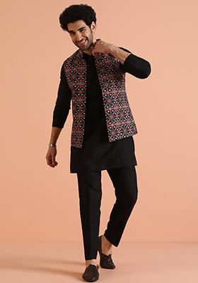 Powder Pink Embroidered Art Silk Kurta Set For Men