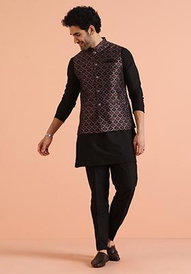 Black Embroidered Art Silk Kurta Set For Men
