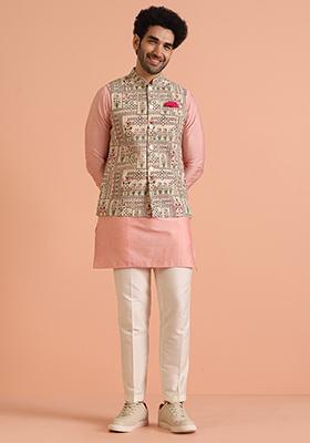 Gold Embroidered Art Silk Kurta Set For Men