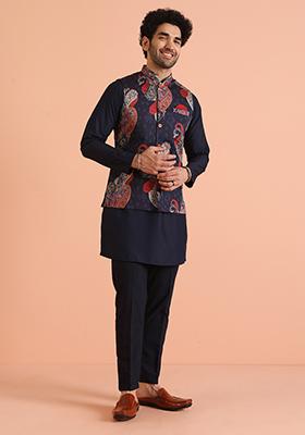 Navy Blue Embroidered Cotton Kurta Set For Men
